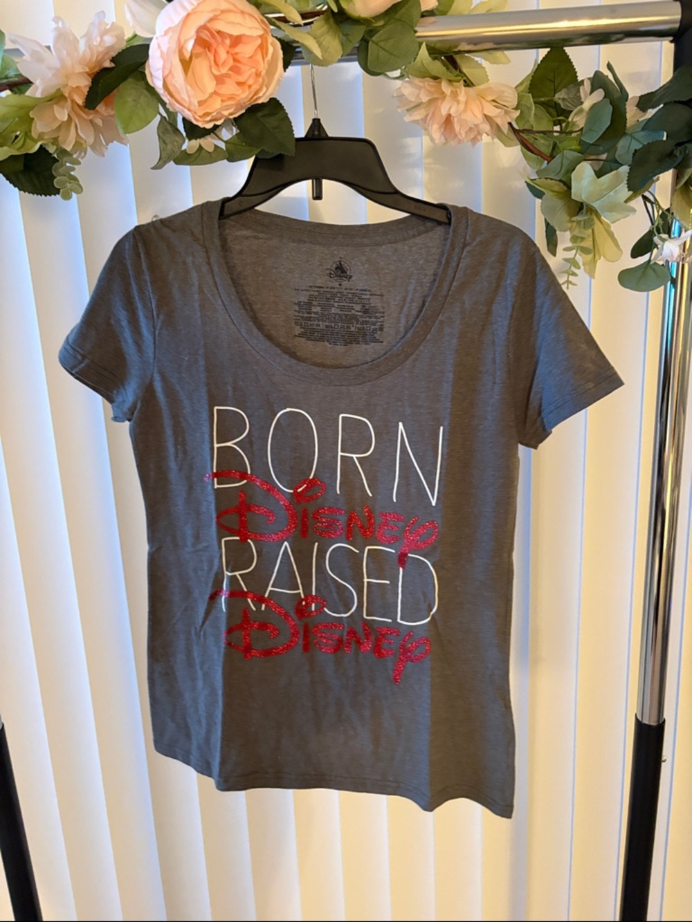 Born Disney Raised Disney Gray Graphic Tee with Red Glitter Logo